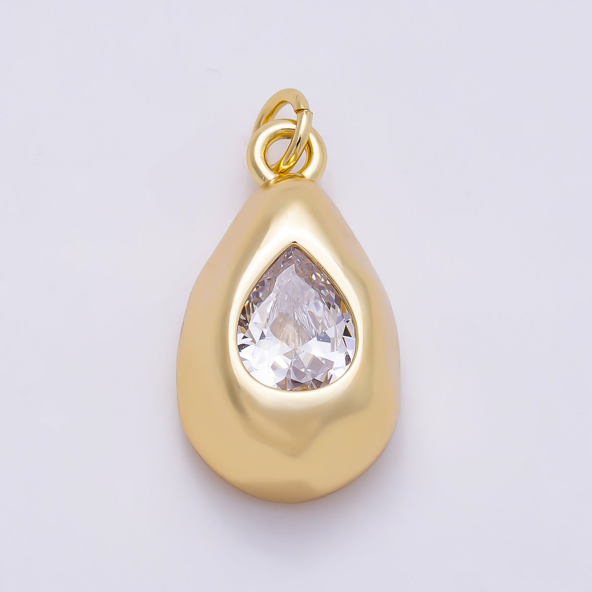 16K Gold Filled 20mm Clear CZ Teardrop Geometric Molten Bezel Chubby Charm | Charms-01355