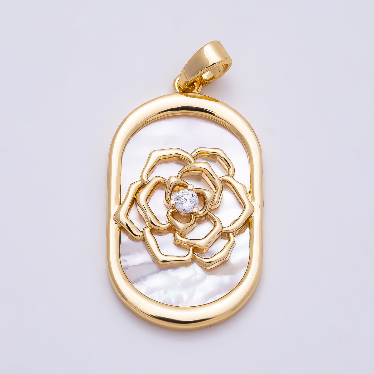 16K Gold Filled 27mm CZ Shell Pearl Rose Flower Oblong Oval Bezel Pendant | Charms-01360