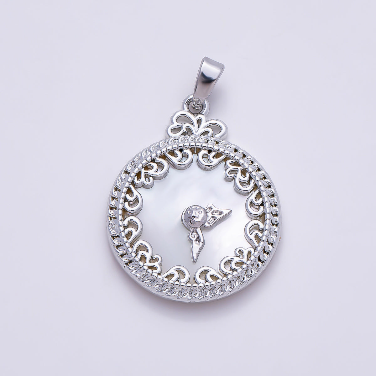 16K Gold Filled 24.5mm Mother of Pearl Clock Artisan Bezel Round Pendant in Gold & Silver | Charms-01362