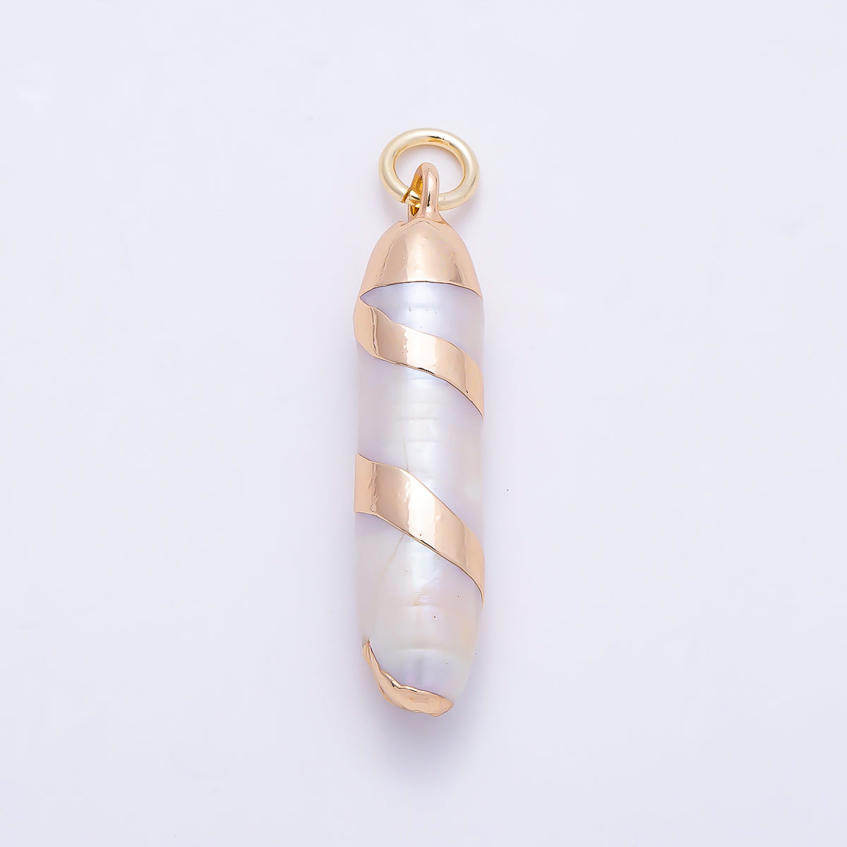 18K Gold Filled 28mm White Cylinder Biwa Freshwater Pearl Spiral Foil Charm | Charms-01372