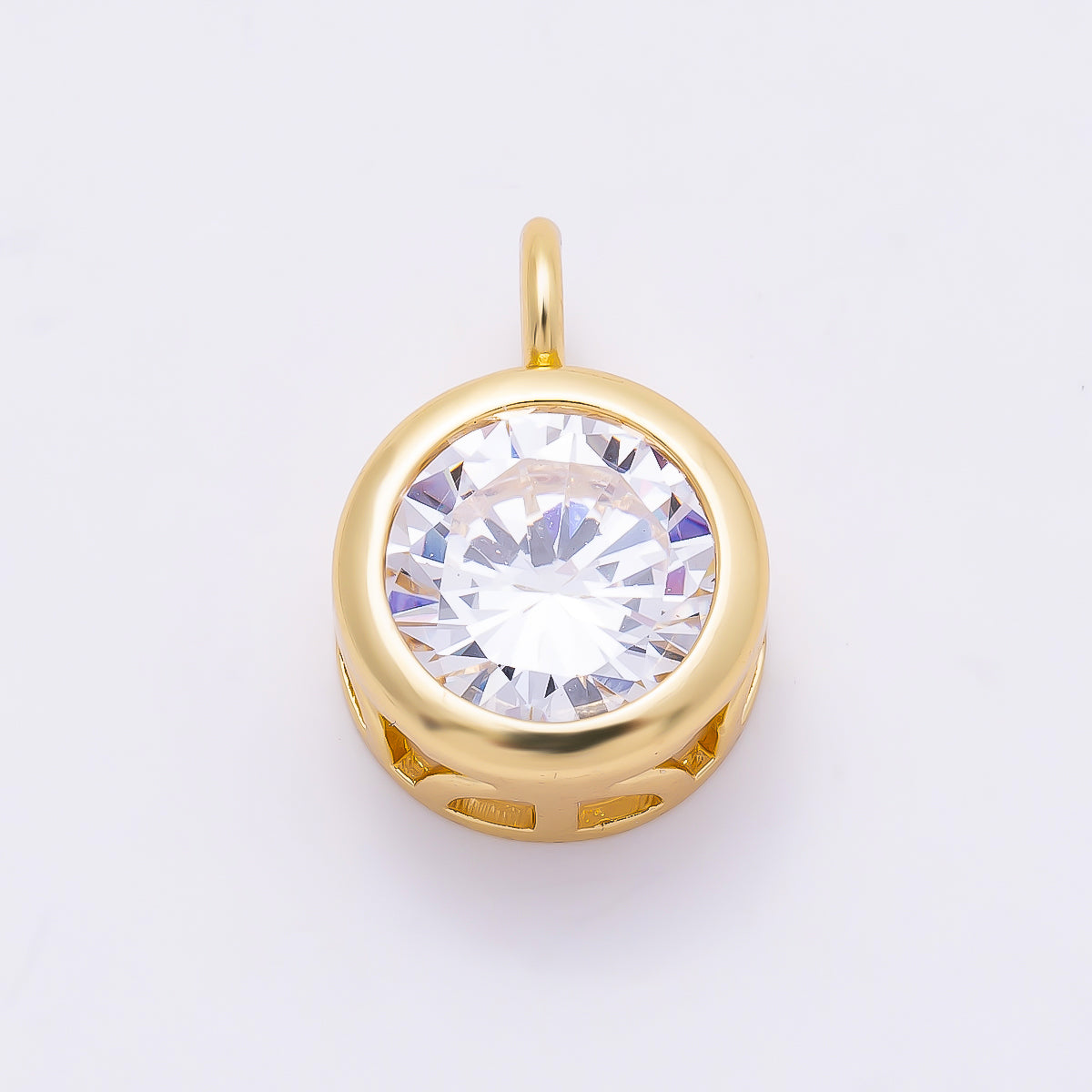 16K Gold Filled 15mm Round CZ Bezel Solitaire Pendant in Gold & Silver | Charms-01378 Charms-01379