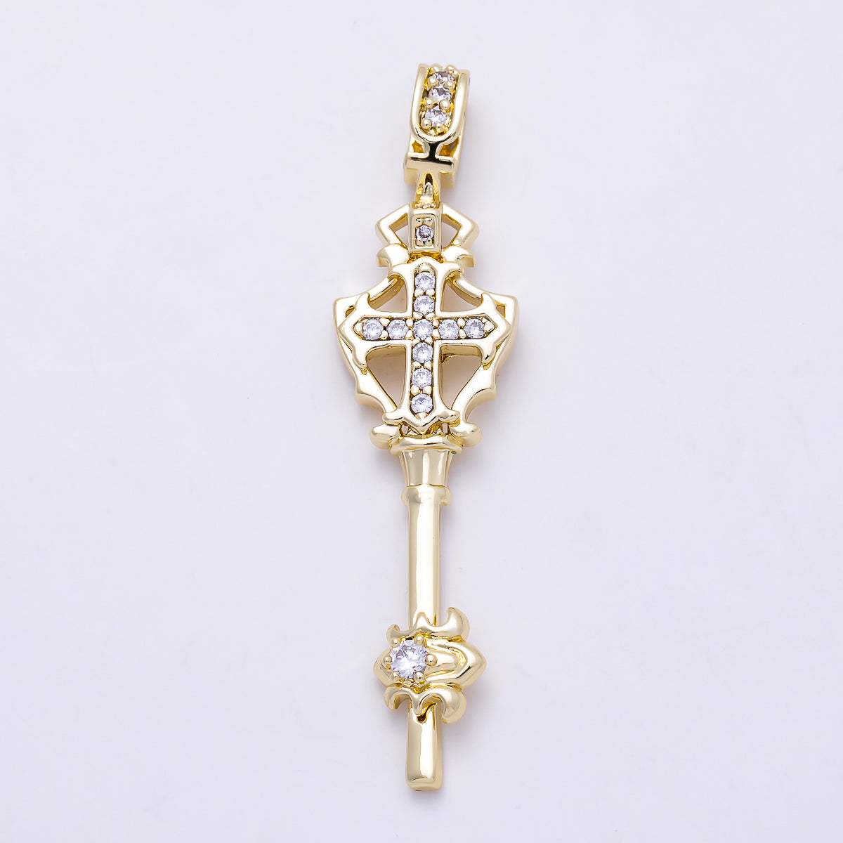 16K Gold Filled 54mm Clear Micro Paved Key Cross Religious Pendant | Charms-01387