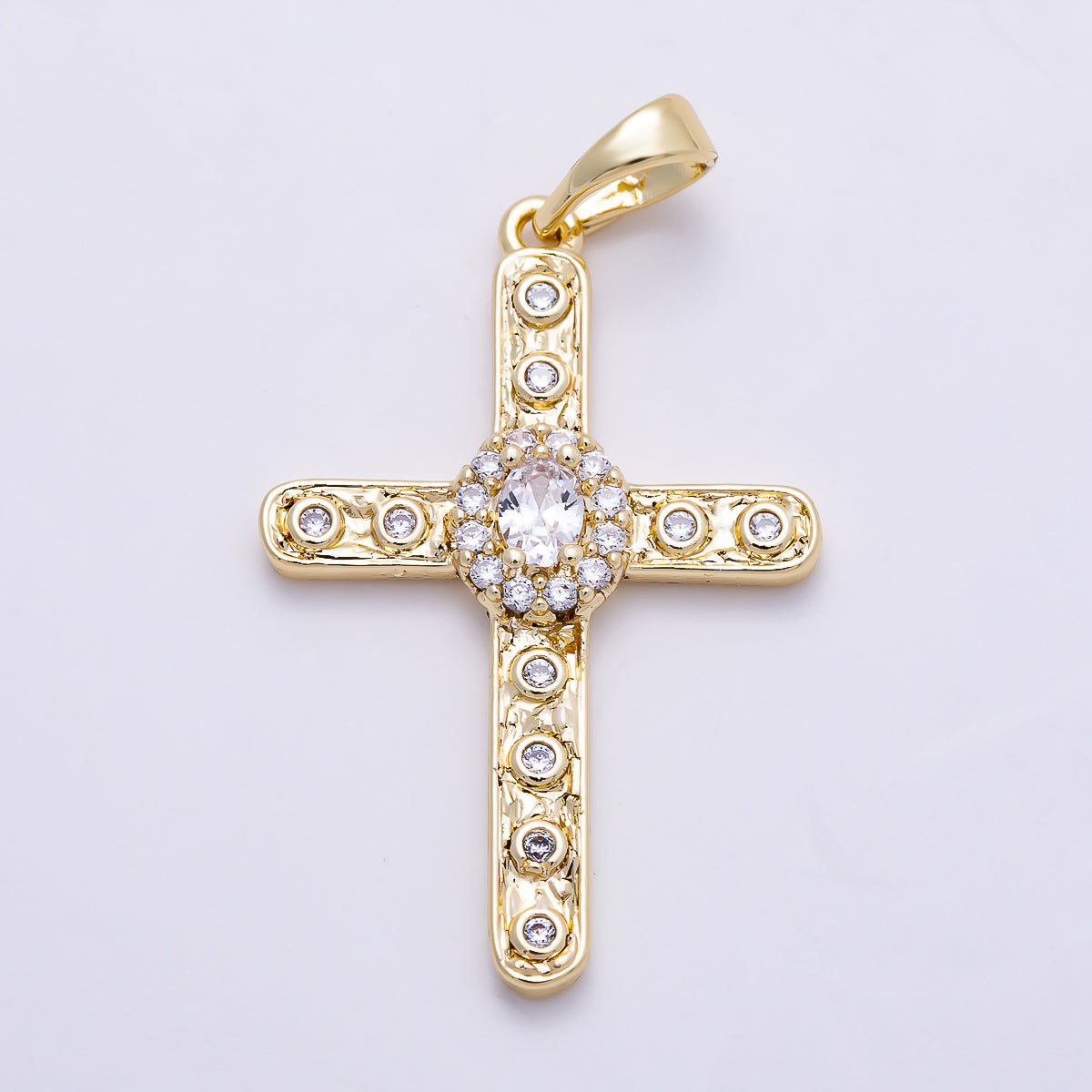 16K Gold Filled 30mm Clear CZ Micro Paved Dotted Hammered Religious Cross Pendant | Charms-01398