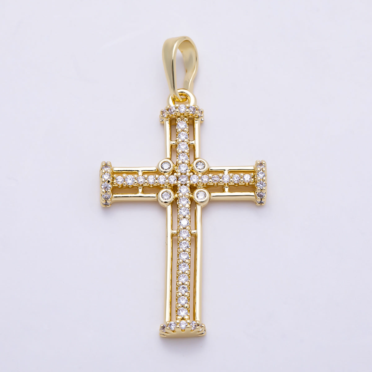 16K Gold Filled 32mm Micro Paved CZ Lined Religious Cross Pendant | Charms-01399