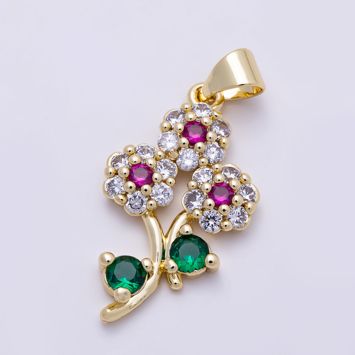 16K Gold Filled 24mm Multicolor Micro Paved CZ Triple Flower Pendant | Charms-01400