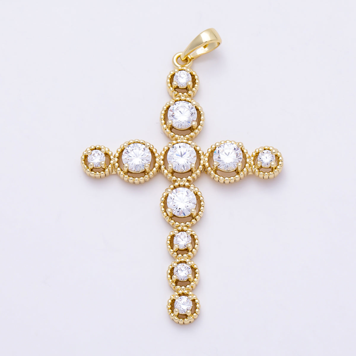 16K Gold Filled 50mm Clear CZ Round Religious Cross Pendant | Charms-01401