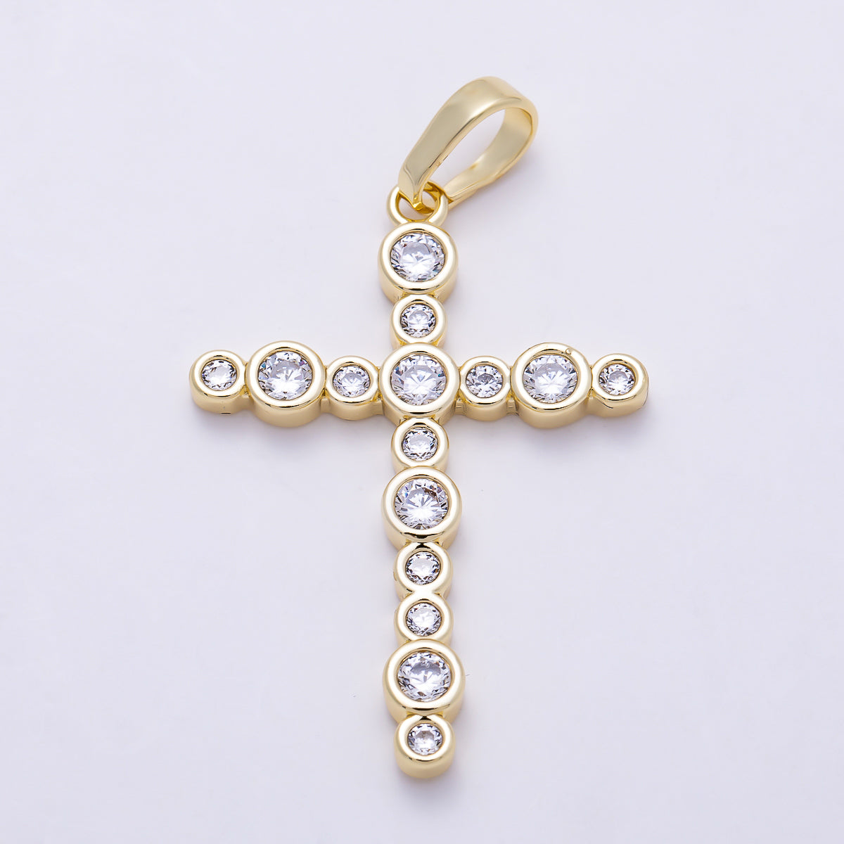 16K Gold Filled 33mm Clear CZ Round Bezel Cross Religious Pendant | Charms-01402