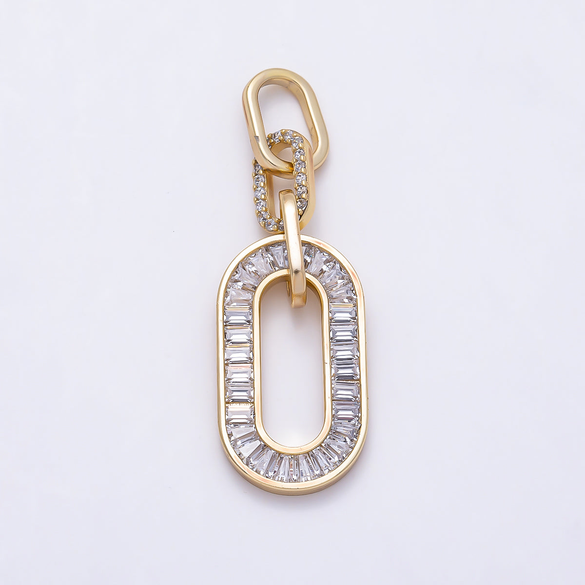 14K Gold Filled 39mm Clear Baguette Micro Paved CZ Oblong Oval Paperclip Link Pendant | Charms-01411