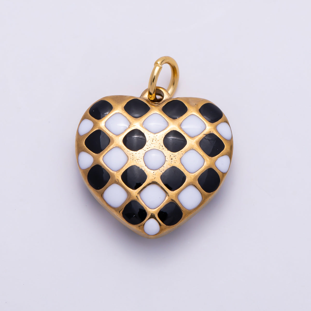 PVD Gold Stainless Steel 16mm Black & White Checkered Enamel Heart Charm | Charms-01428