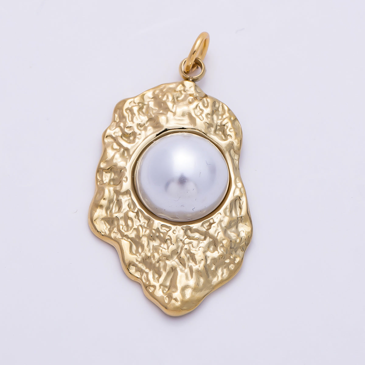 PVD Gold Stainless Steel 30mm White Shell Pearl Hammered Molten Charm | Charms-01437