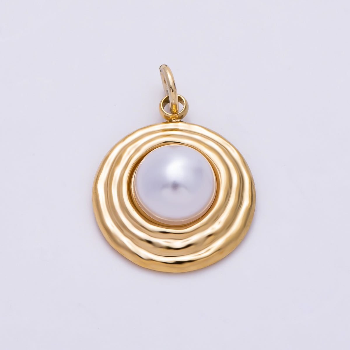 PVD Gold Stainless Steel 18mm White Shell Pearl Ribbed Round Charm | Charms-01439