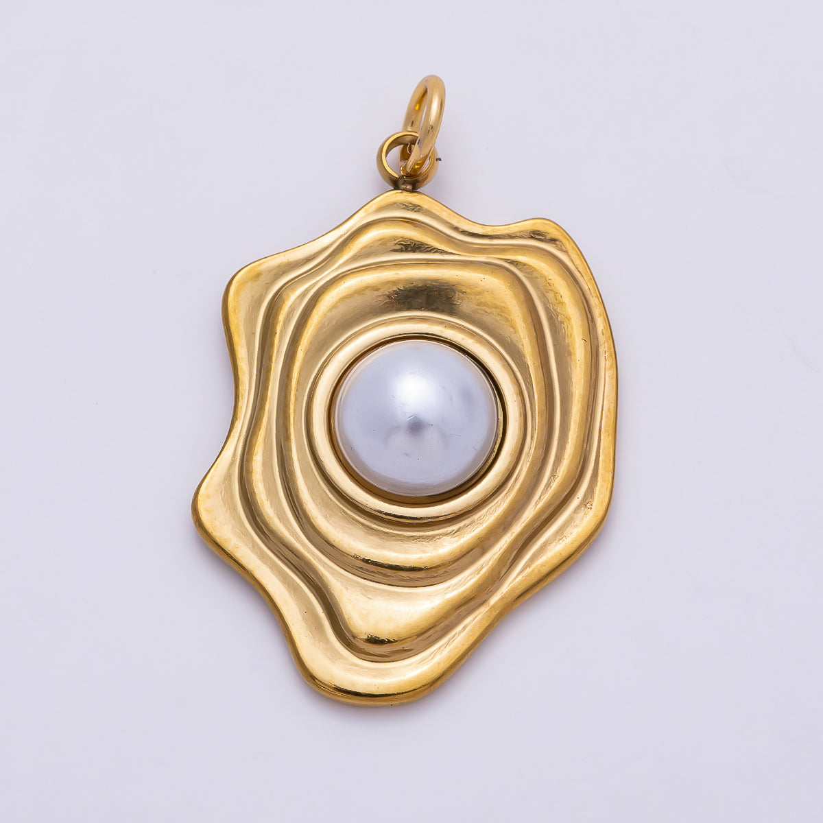 PVD Gold Stainless Steel 28mm Shell Pearl Lined Molten Geometric Charm | Charms-01442