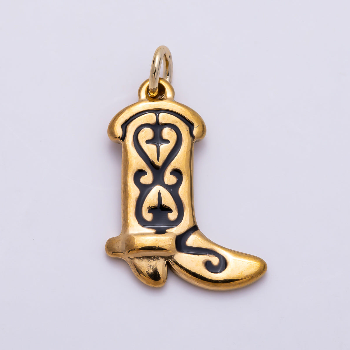 PVD Gold Stainless Steel 20mm Black Enamel Artisan Cowboy Boot Charm | Charms-01443
