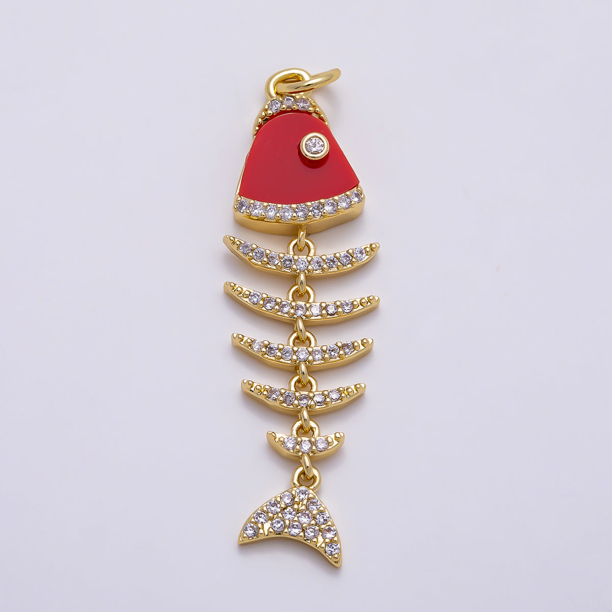 16K Gold Filled 38mm Turquoise, Shell Pearl, Malachite, Onyx, Carnelian Micro Paved CZ Fish Skeleton Charm | Charms-01447 ~ Charms-01451