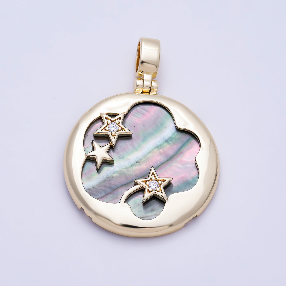 16K Gold Filled 37.5mm Tahitian Black Shell Pearl Celestial Star Bezel Round Pendant | Charms-01480