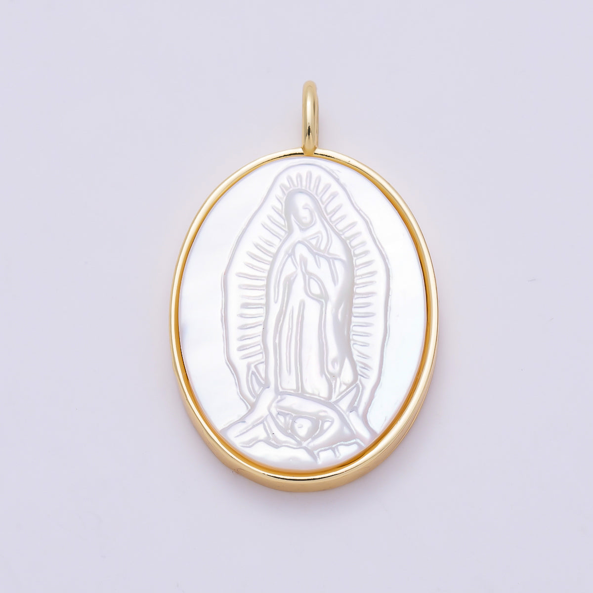 16K Gold Filled 26.5mm White Shell Pearl Lady Guadalupe Mary Oval Charm