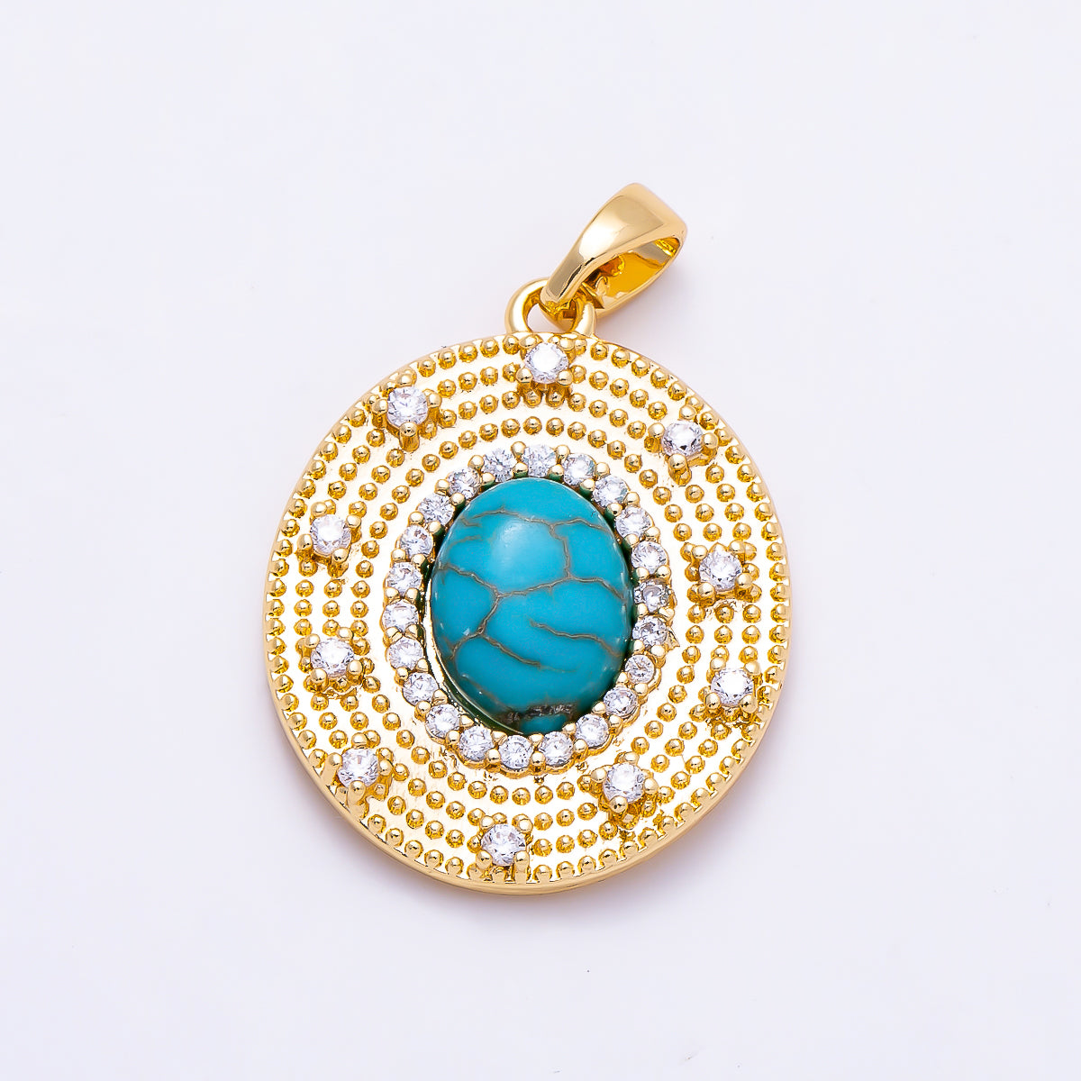 16K Gold Filled 23mm Turquoise, Tiger Eye Cabochon Micro Paved CZ Dotted Oval Pendant | Charms-01495 Charms-01496
