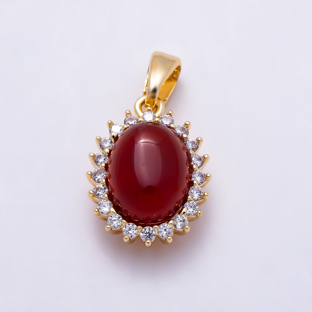 16K Gold Filled 14.5mm Carnelian, Amethyst Cabochon CZ Outline Oval Pendant | Charms-01497 Charms-01498