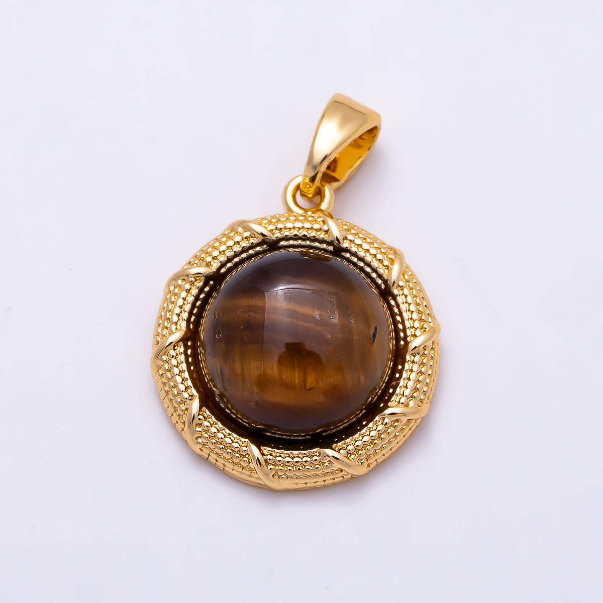 16K Gold Filled 17mm Tiger Eye Cabochon Dotted Lined Bezel Round Pendant | Charms-01499