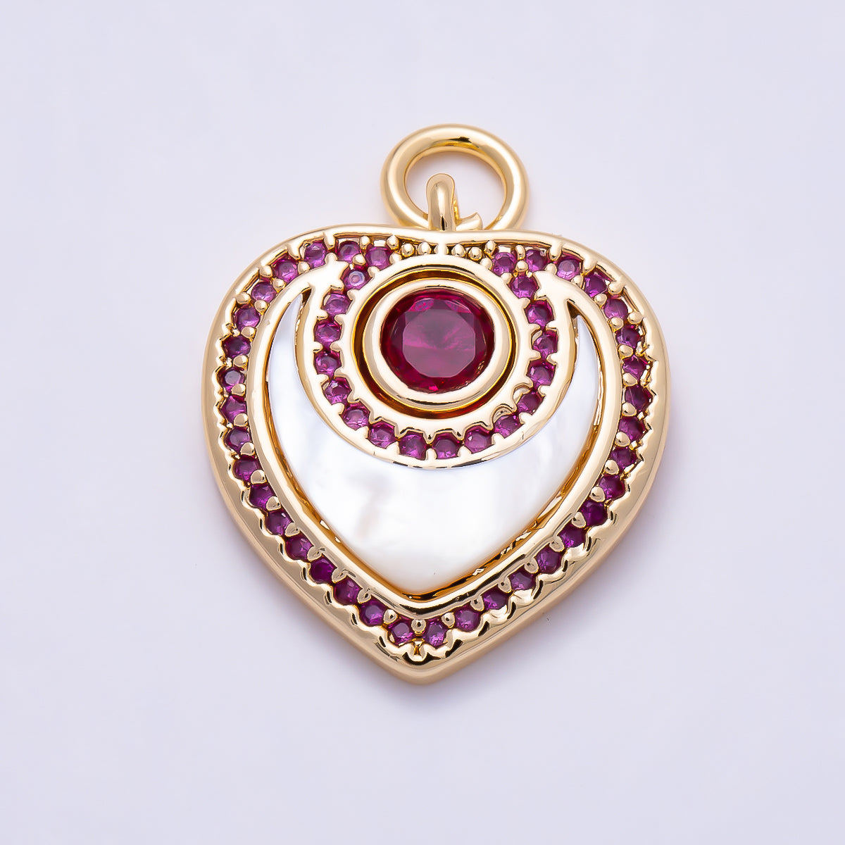 16K Gold Filled 18mm Fuchsia, Clear Micro Paved CZ Shell Pearl Heart Charm | Charms-01501 Charms-01502
