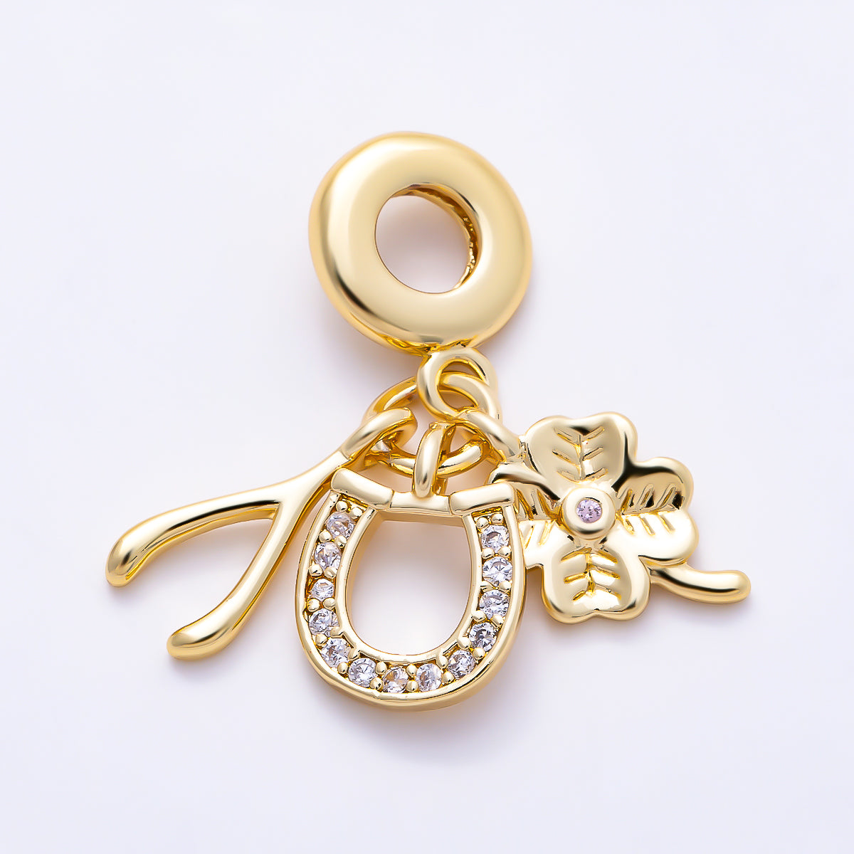 16K Gold Filled 15mm Micro Paved CZ Horseshoe Clover Wishbone Lucky Drop Rondelle Pendant in Gold & Silver | Charms-01512 - Charms-01513