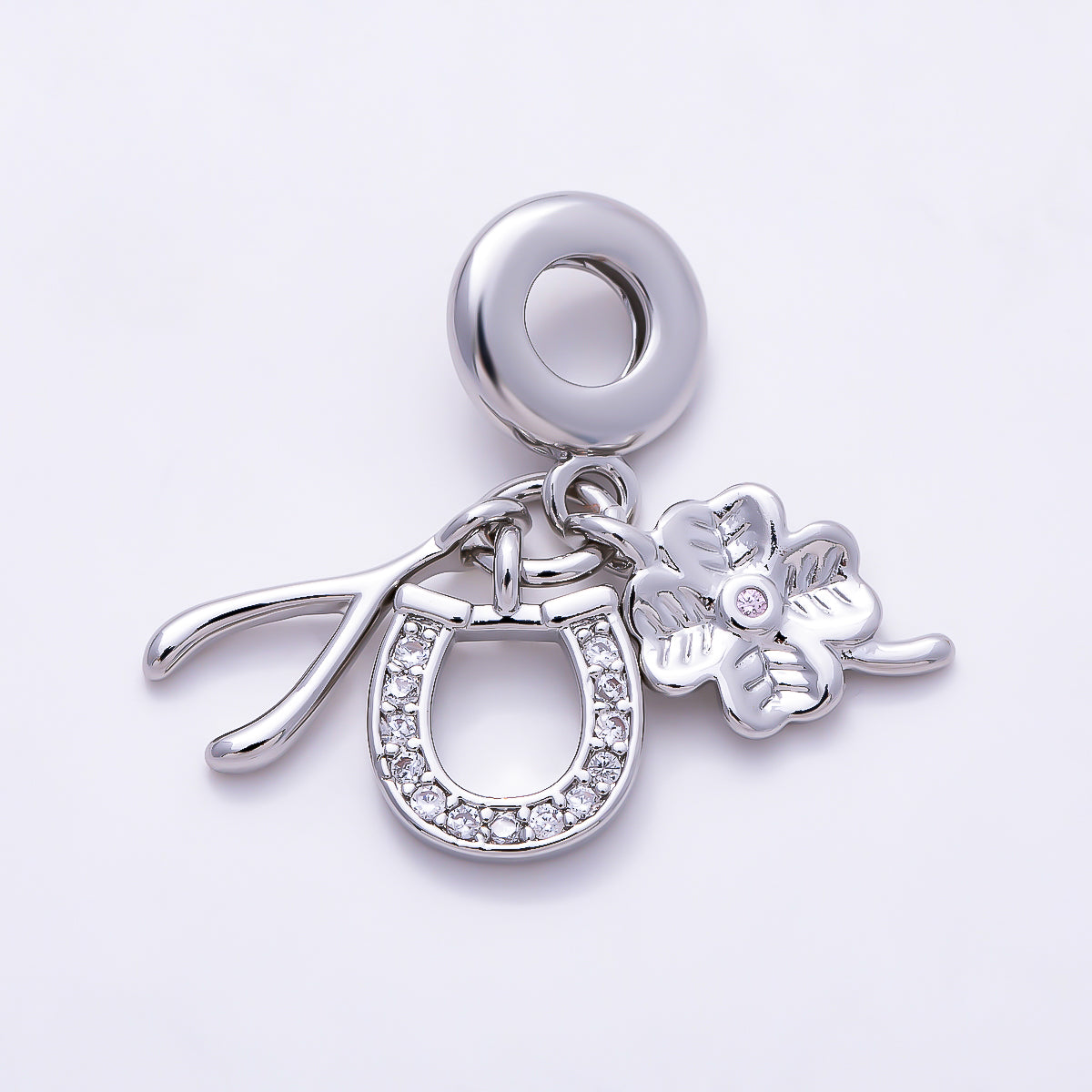 16K Gold Filled 15mm Micro Paved CZ Horseshoe Clover Wishbone Lucky Drop Rondelle Pendant in Gold & Silver | Charms-01512 - Charms-01513