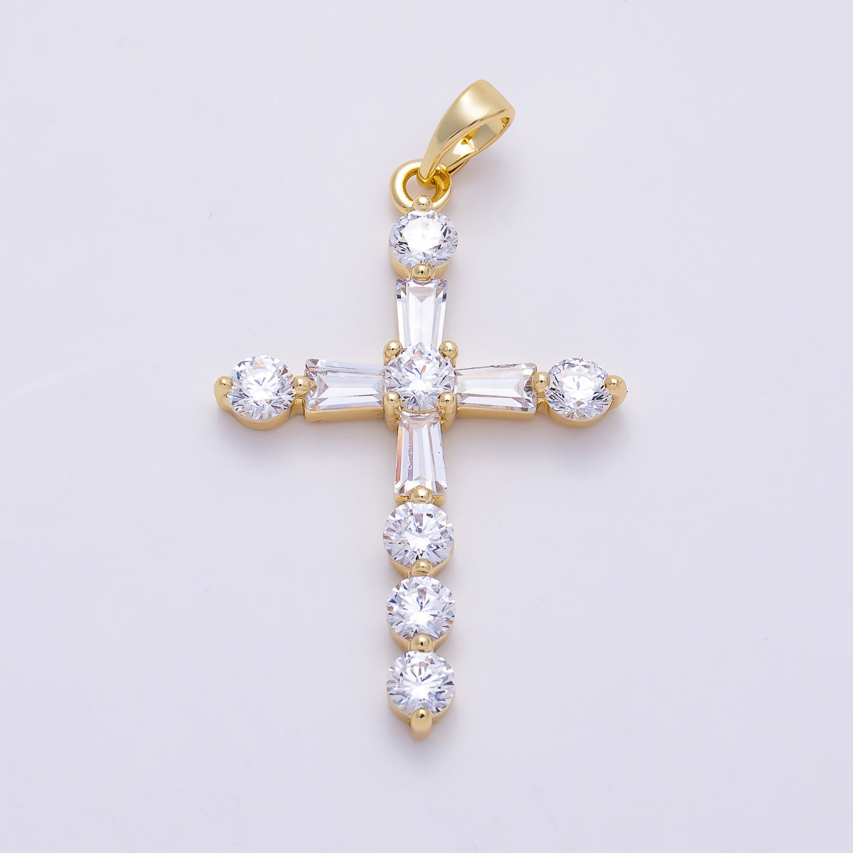 16K Gold Filled 35mm Clear CZ Baguette Round Religious Cross Pendant | Charms-01540