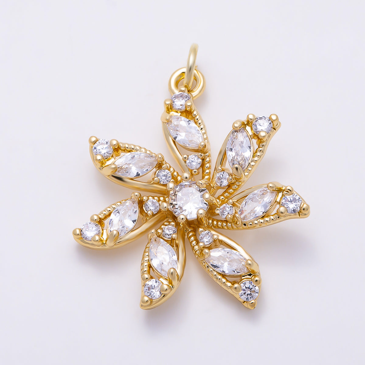16K Gold Filled 24mm Clear CZ Marquise Round Petal Flower Charm | Charms-01546