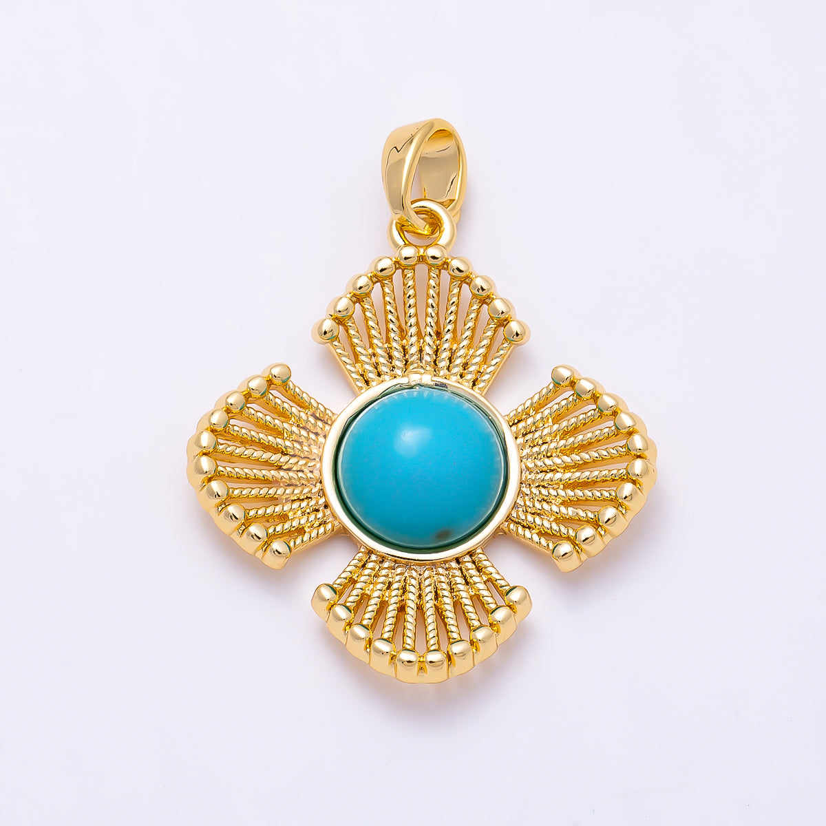 16K Gold Filled 25mm Turquoise, Tiger Eye, Shell Pearl Cabochon Dotted Geometric Flower Pendant | Charms-01553 ~ Charms-01555