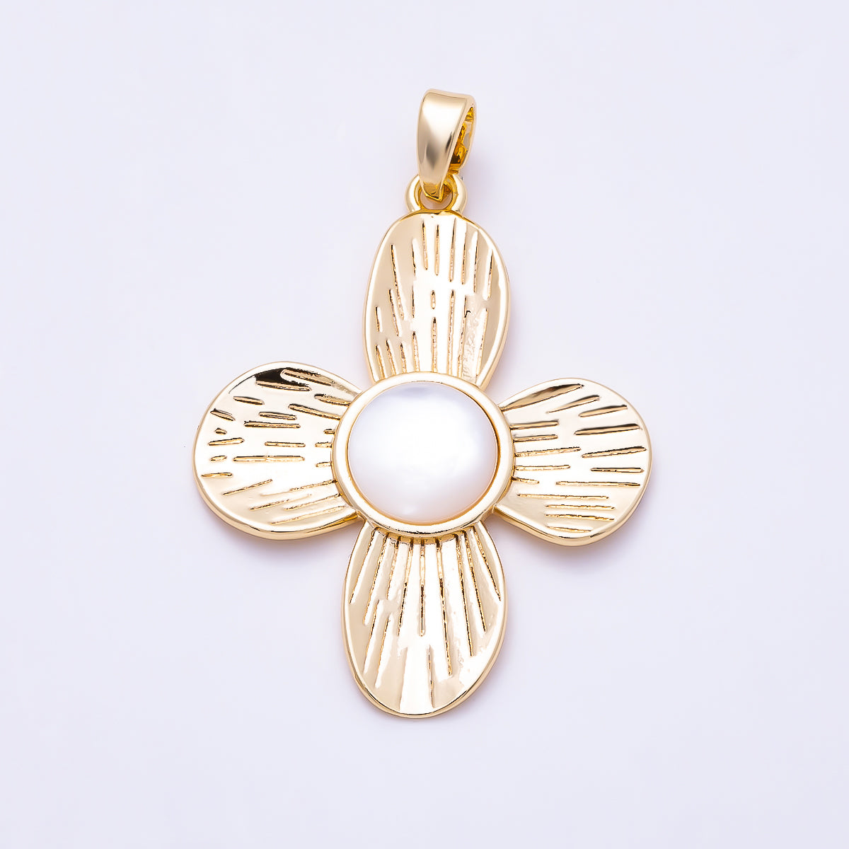 16K Gold Filled 31mm Turquoise, Tiger Eye, Shell Pearl Cabochon Line-Textured Flower Pendant | Charms-01562 ~ Charms-01564