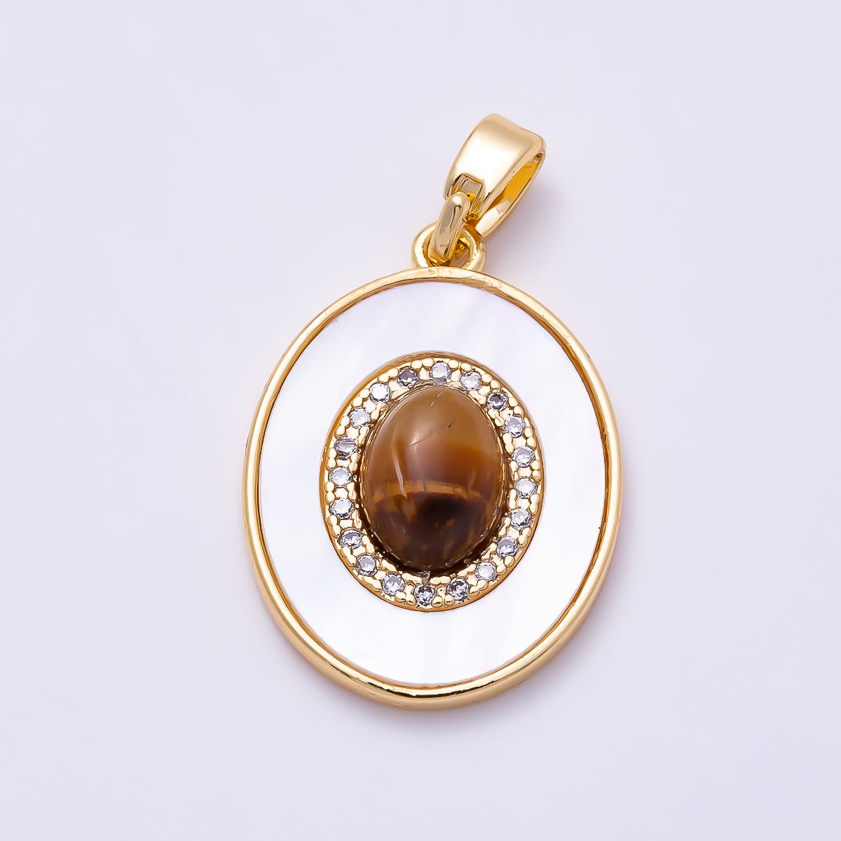 16K Gold Filled 20mm Tiger Eye, Turquoise Shell Pearl Micro Paved CZ Cabochon Gemstone Oval Pendant | Charms-01584