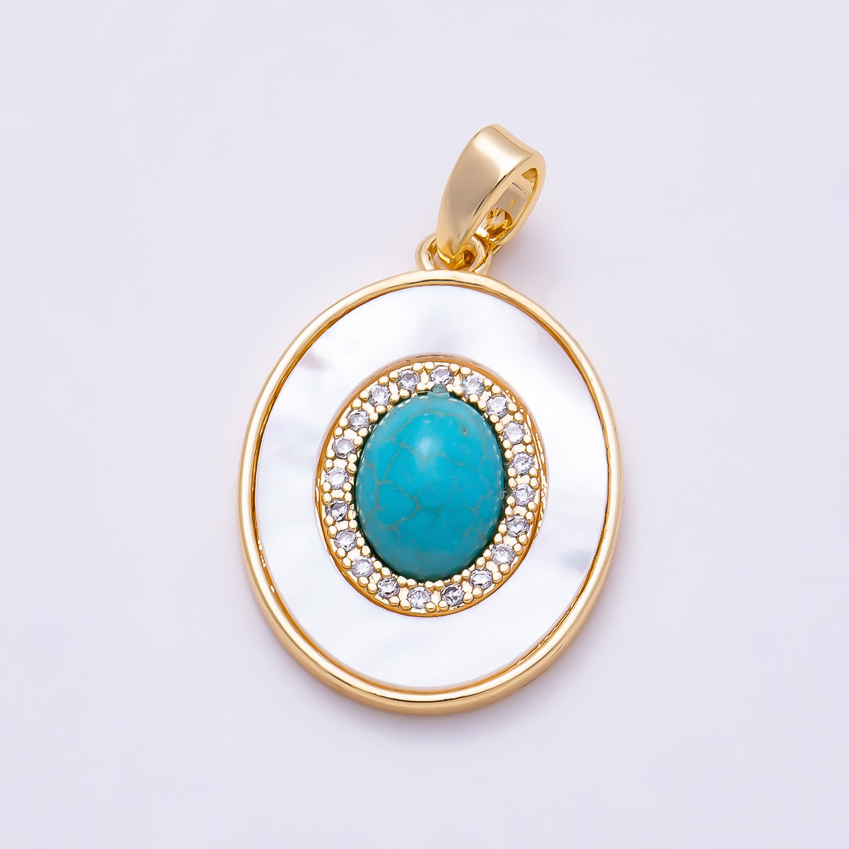 16K Gold Filled 20mm Tiger Eye, Turquoise Shell Pearl Micro Paved CZ Cabochon Gemstone Oval Pendant | Charms-01584