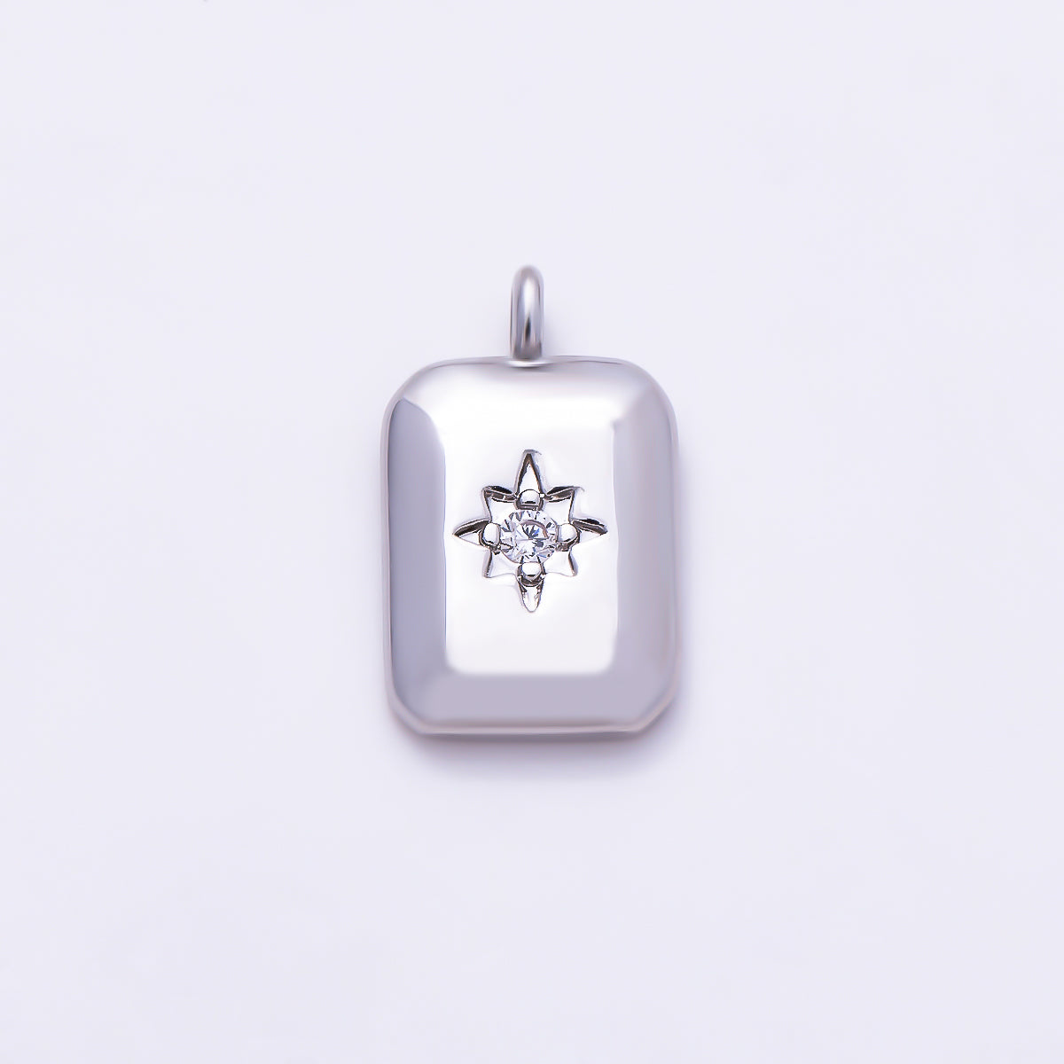 Silver 12mm Rectangular Round Starburst CZ Medallion Charm | Charms-01524