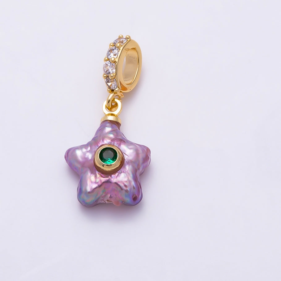 18K Gold Filled 17mm White, Purple Freshwater Pearl Celestial Star Micro Paved CZ Drop Rondelle Pendant | Charms-01589 Charms-01590