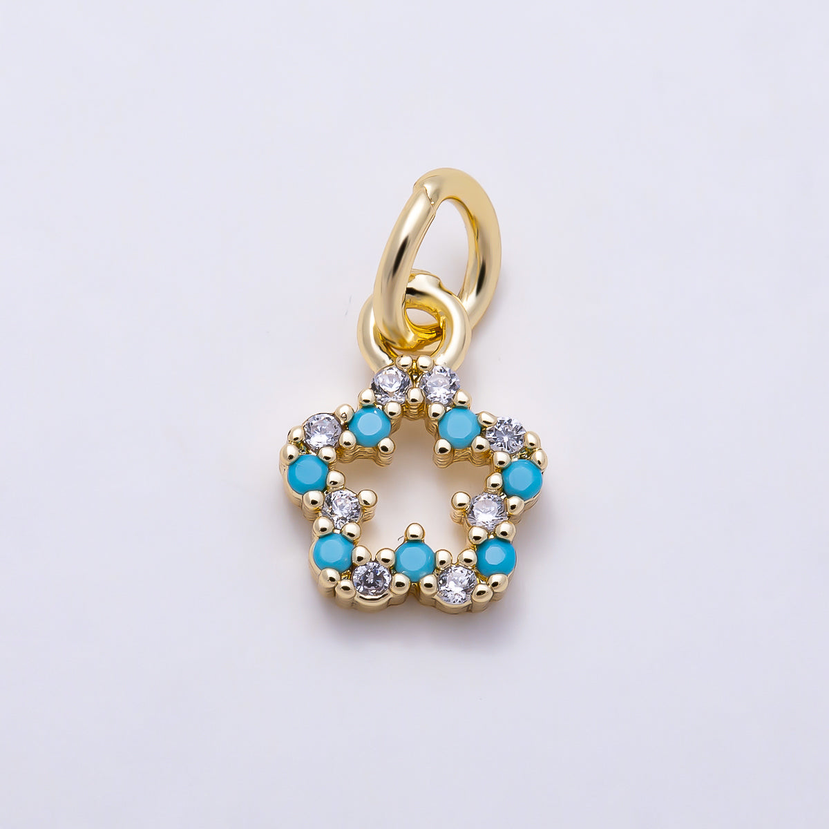 16K Gold Filled 9mm Blue Turquoise Clear Micro Paved CZ Open Celestial Star Charm | Charms-01621