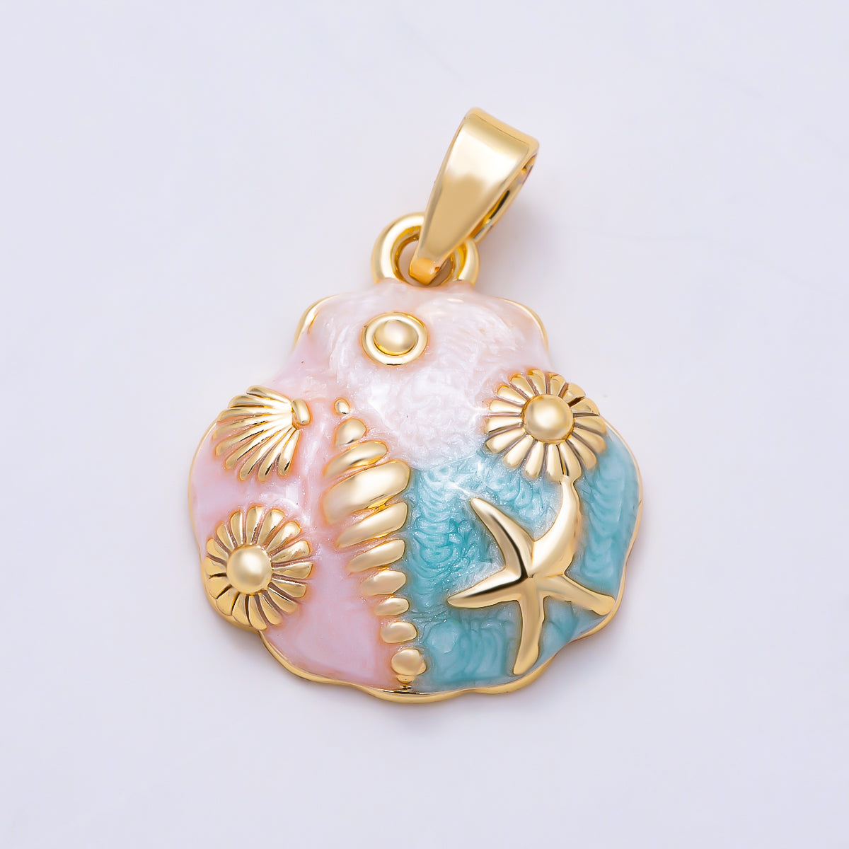 16K Gold Filled 17mm Pink, Blue Mother of Pearl Seashell & Starfish Ocean Beach Pendant | Charms-01892