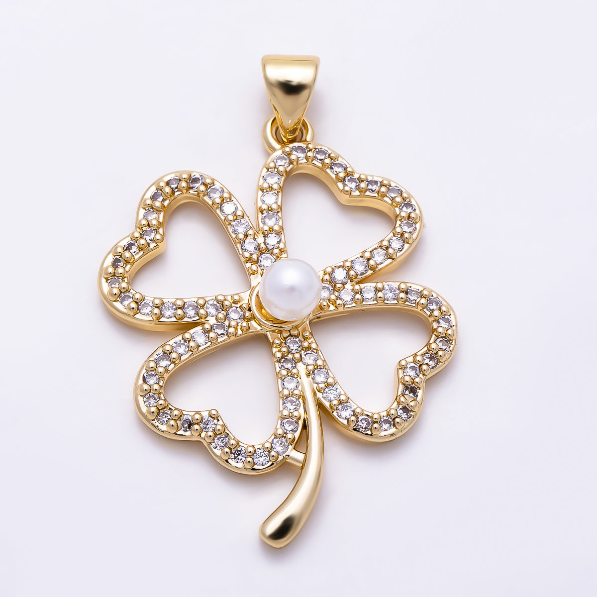 16K Gold Filled 31mm Shell Pearl Micro Paved CZ Four-Leaf Lucky Clover Pendant Saint Patrick Charm | Charms-01927