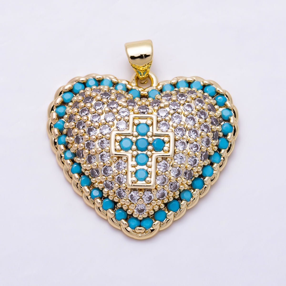 16K Gold Filled 25mm Turquoise and Clear Micro Paved CZ Cross Puffy Heart Religious Pendant | Charms-01929