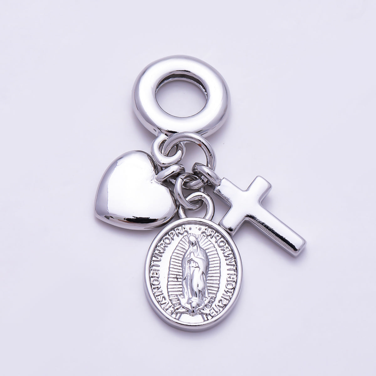 Silver 32mm Religious Heart Cross Mother Mary Sunburst Latin Prayer Drop Rondelle Pendant | Charms-01978