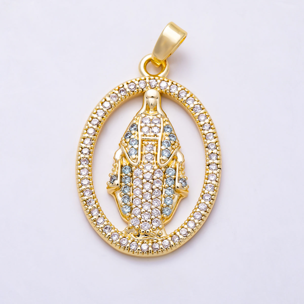 16K Gold Filled 26mm Light Blue and Clear Micro Paved CZ Virgin Mary Oval Medallion Pendant | Charms-01985