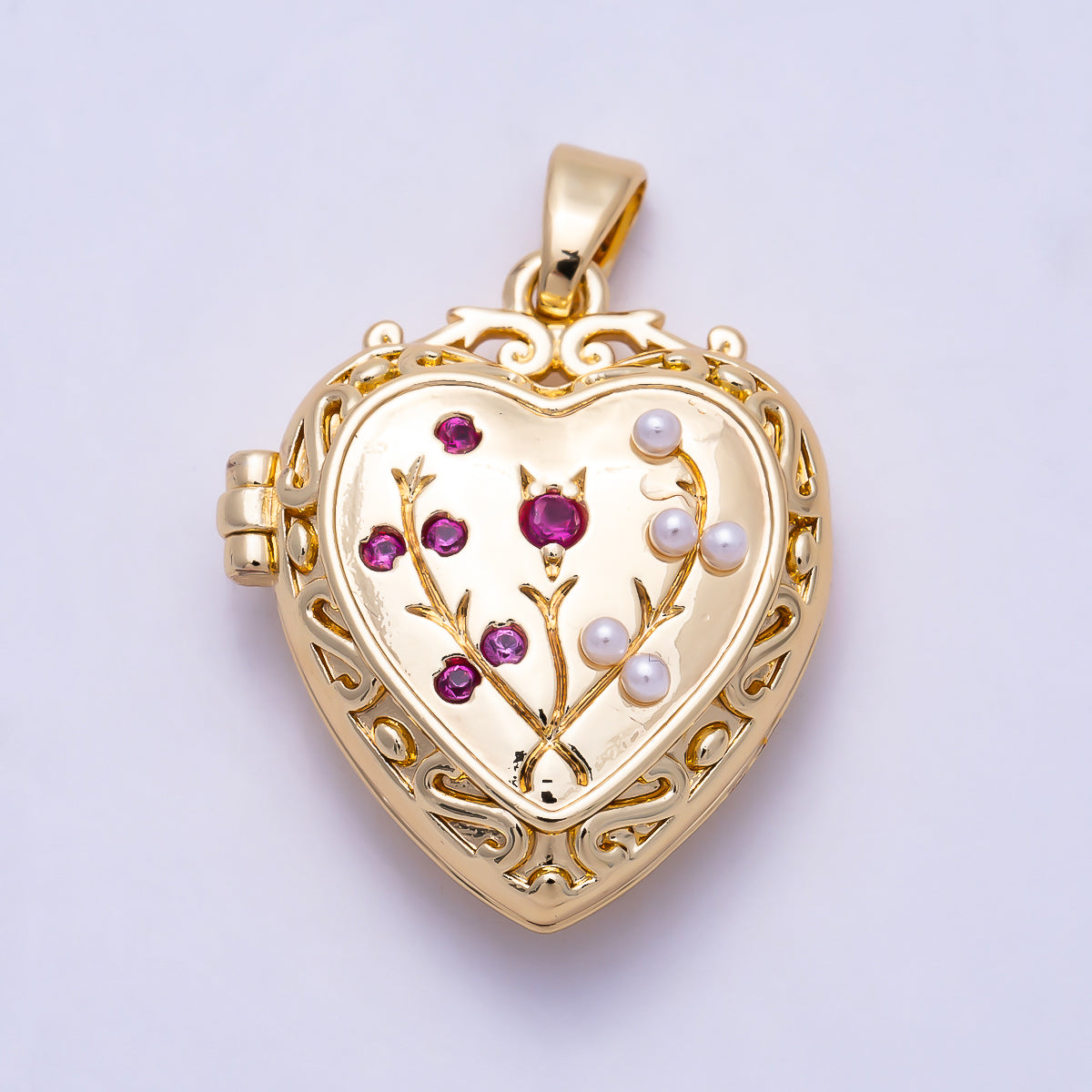 16K Gold Filled 22mm Fuchsia CZ Shell Pearl Filigree Artisan Flower Heart Locket Pendant | Charms-02002