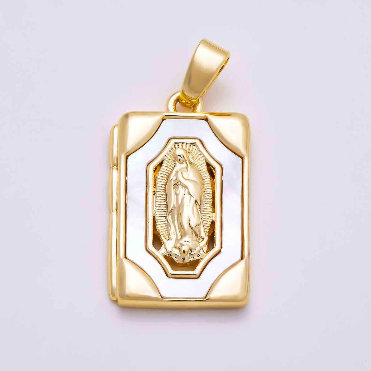 16K Gold Filled 18mm Virgin Mary Guadalupe Religious Shell Pearl Rectangle Pendant | Charm-02014