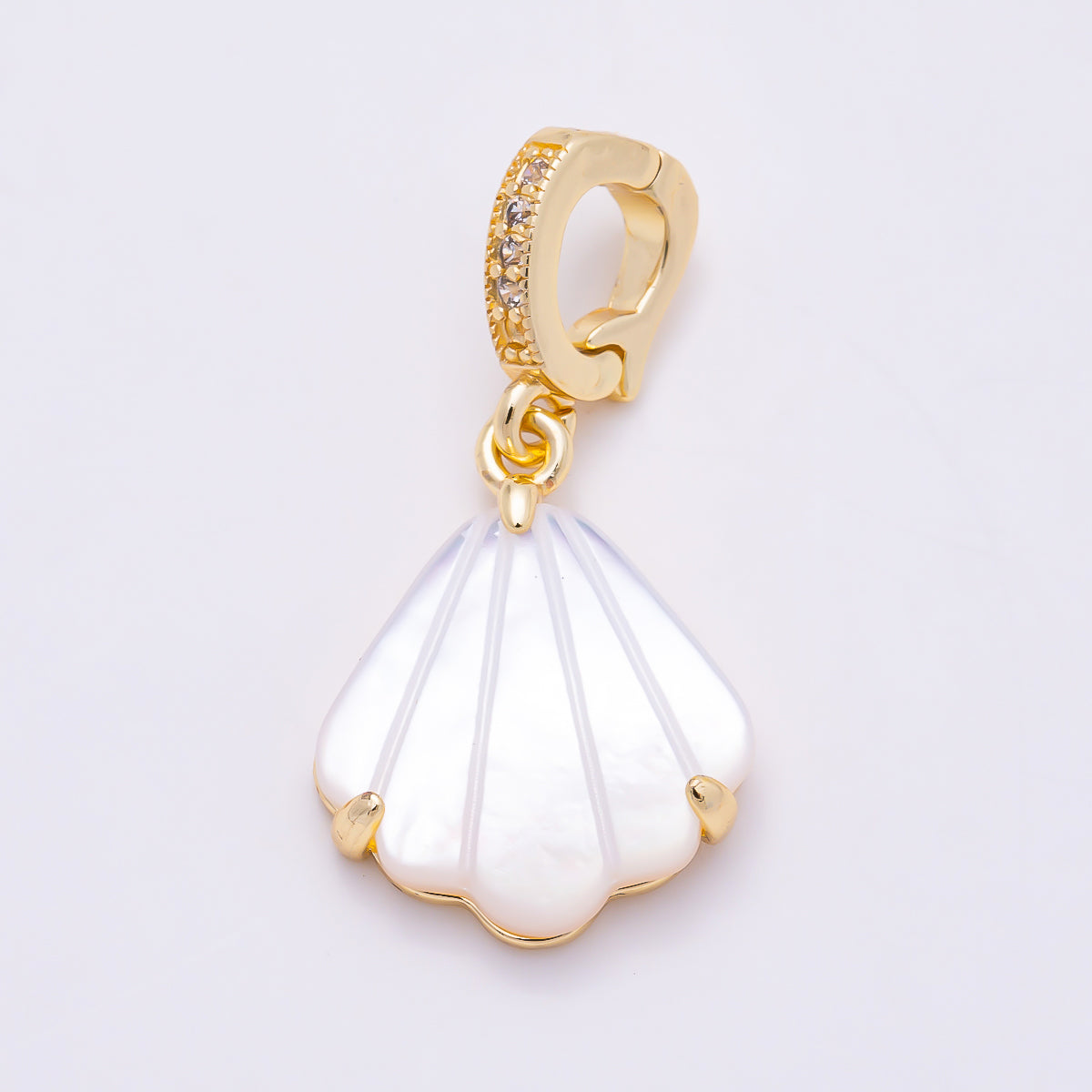 16K Gold Filled 18mm Clam Sea Shell Pearl Micro Paved CZ Snap Latch Bail Pendant | Charms-02018