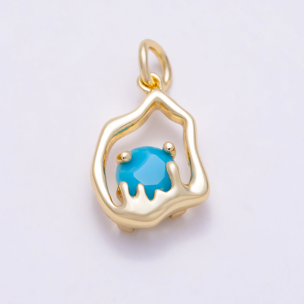 16K Gold Filled 14mm Turquoise Gemstone Round Irregular Geometric Molten Open Bezel Charm | Charms-02057