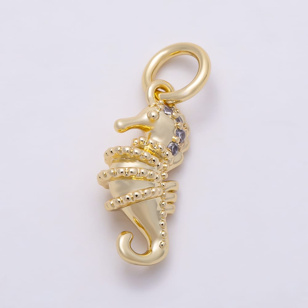16K Gold Filled 14mm Clear CZ Seahorse Ocean Animal Mini Chubby 3D Multidimensional Charm | Charms-02193