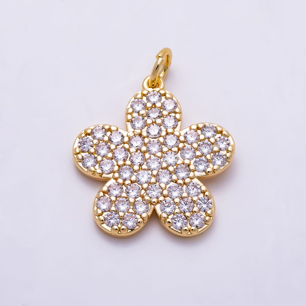 16K Gold Filled 19mm Clear Micro Paved CZ 5-Petal Flower Charms | Charms-02203