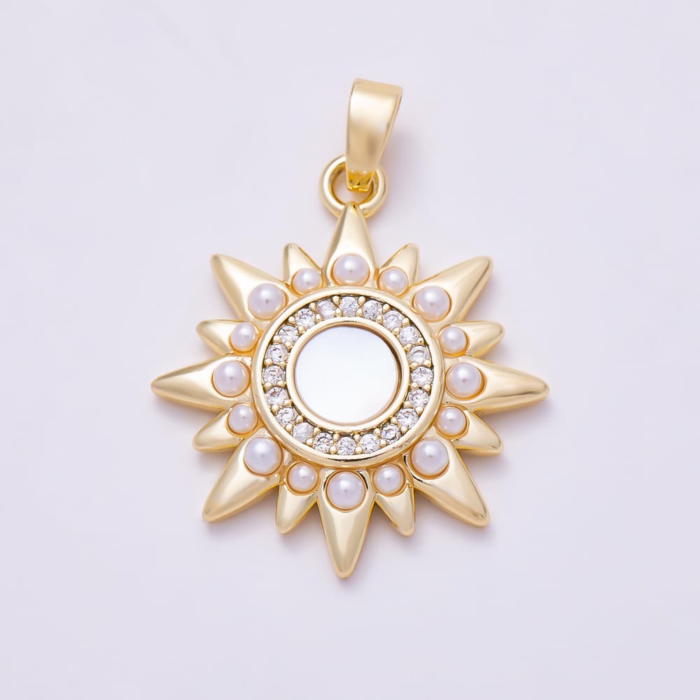 16K Gold Filled 24mm Micro Paved CZ Round Mother of Pearl Celestial Sunburst Pendant | Charms-02220