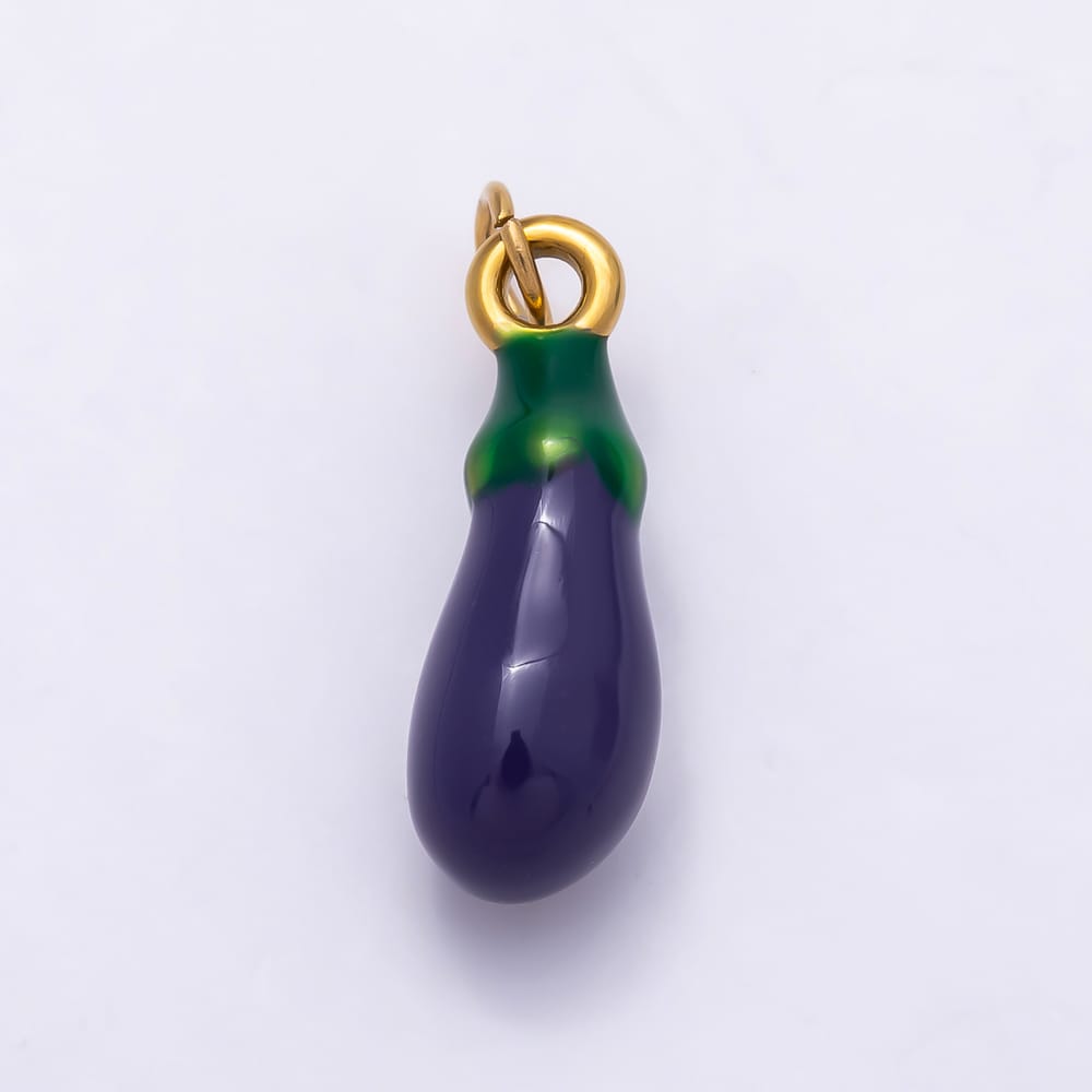 16K Gold Filled 20mm Purple Green Enamel Eggplant Vegetable 3D Multidimensional Charm | Charms-02240