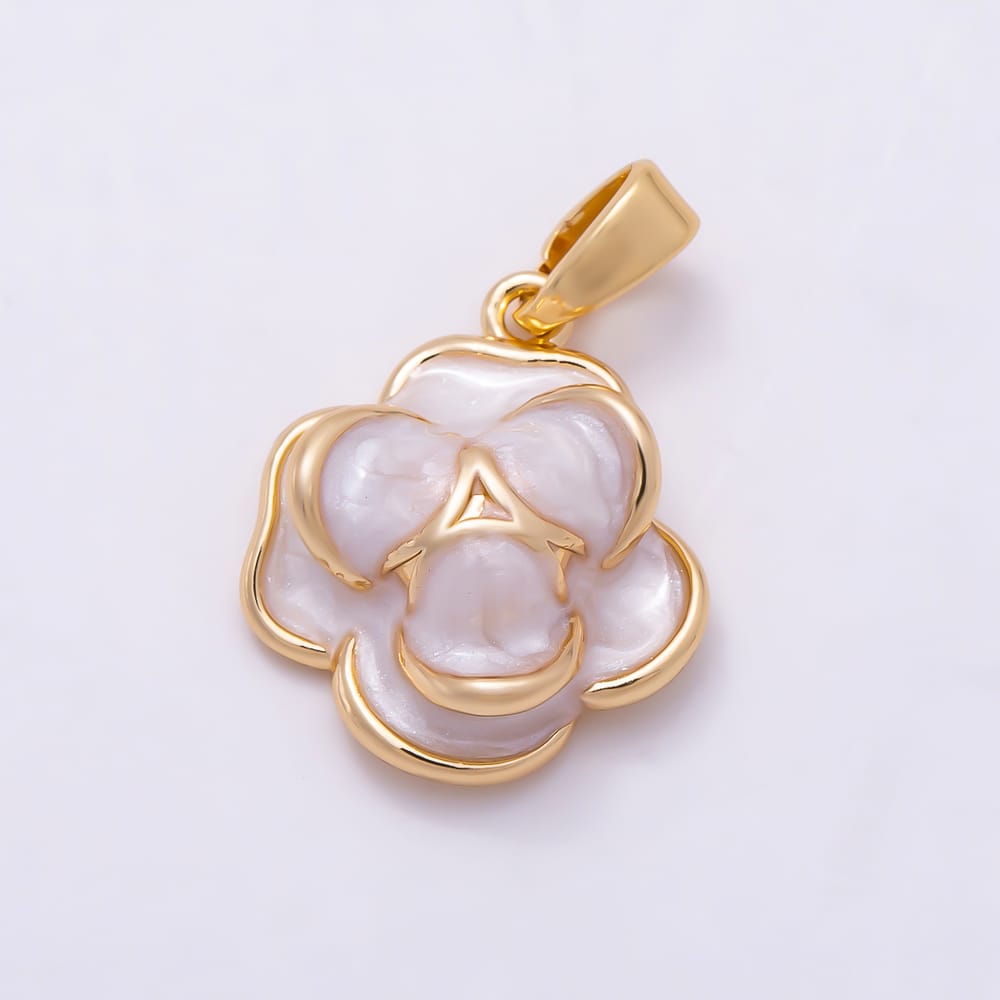 16K Gold Filled 16mm Off White Enamel Double Tiered Petal Rose Flower Pendant | Charms-02320