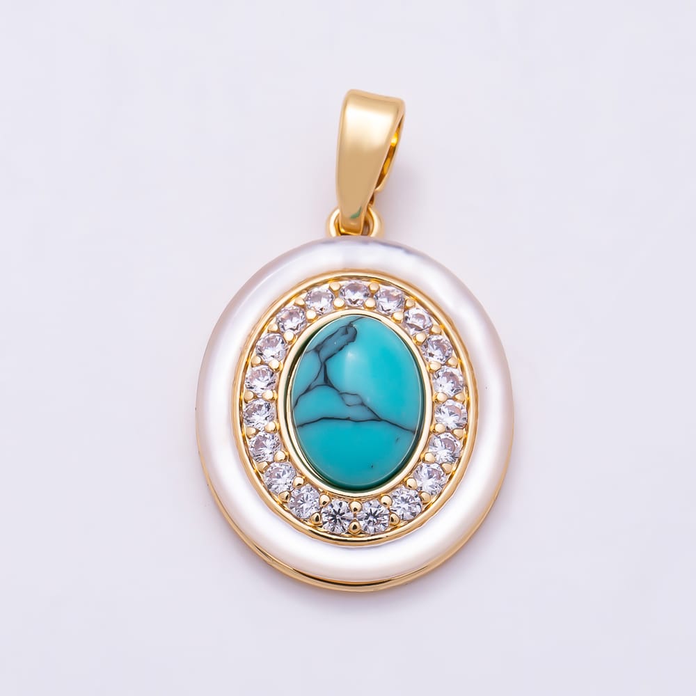 16K Gold Filled 18mm Turquoise Micro Paved CZ Shell Pearl Cabochon Oval Bezel Pendant | Charms-02325